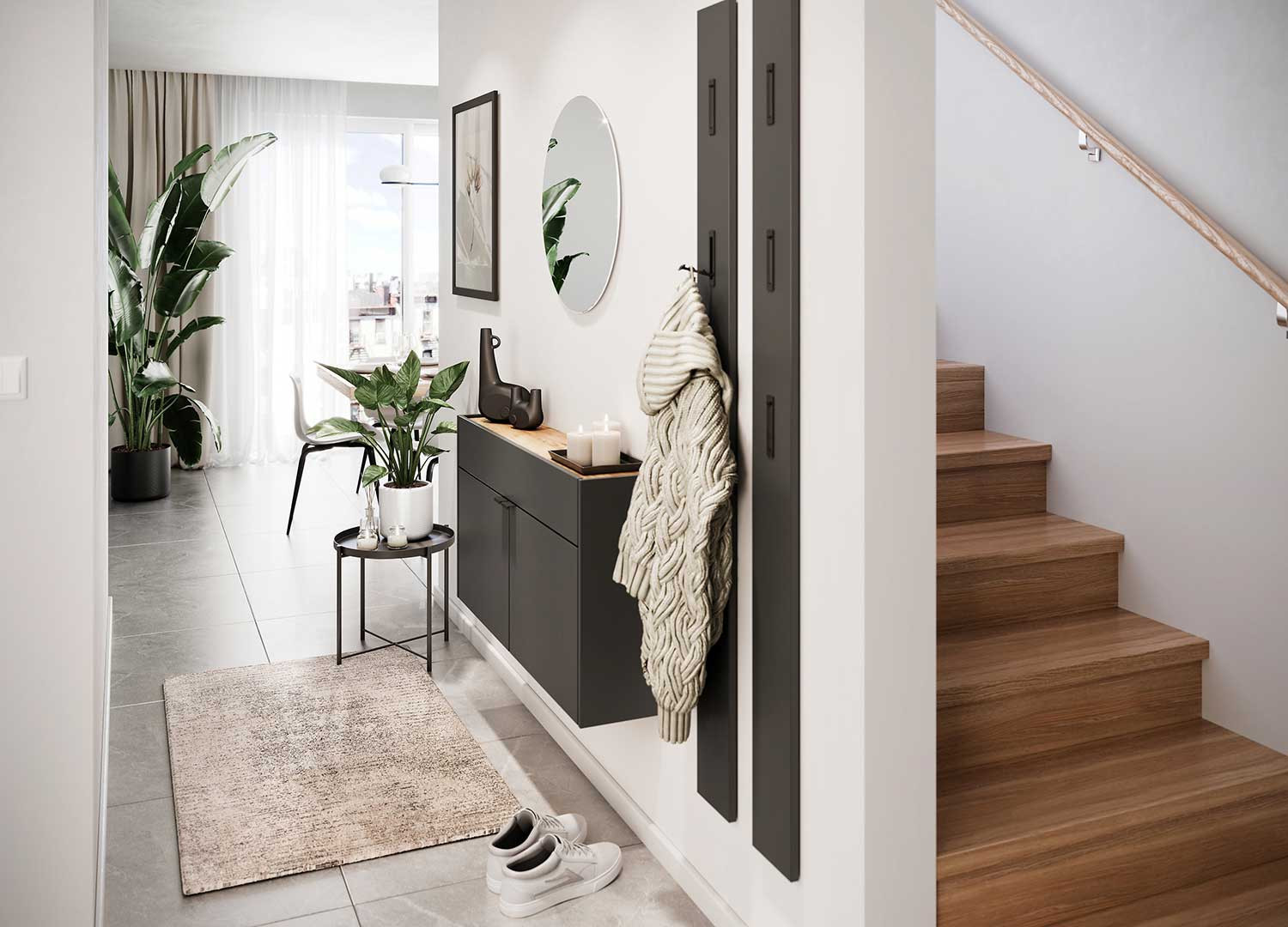 Meuble d'entrée suspendu design graphite et chêne