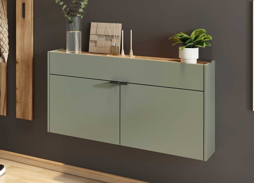 Meuble d'entrée suspendu design vert sauge et chêne