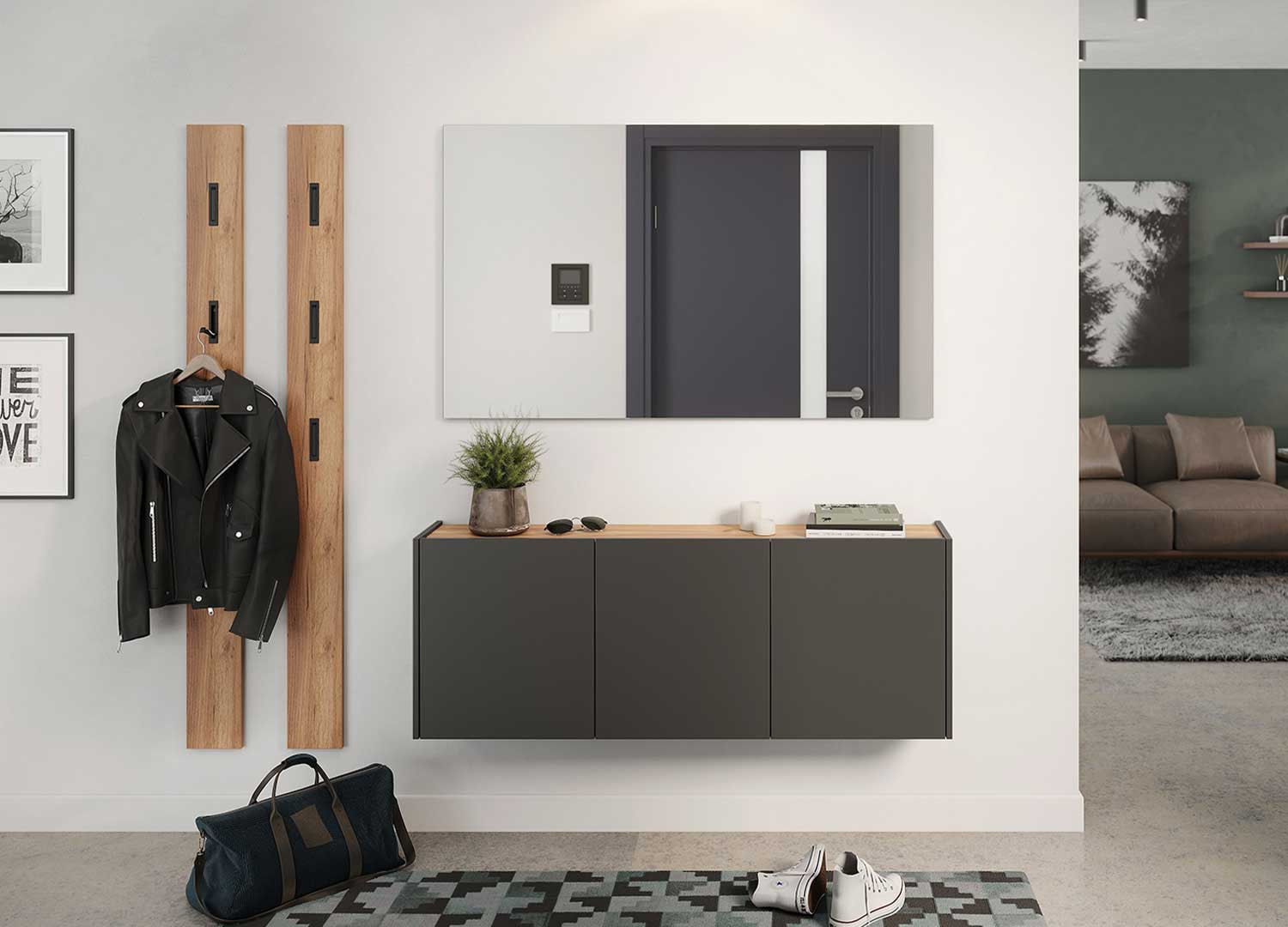 Meuble d'entrée suspendu graphite et chêne Libbiano