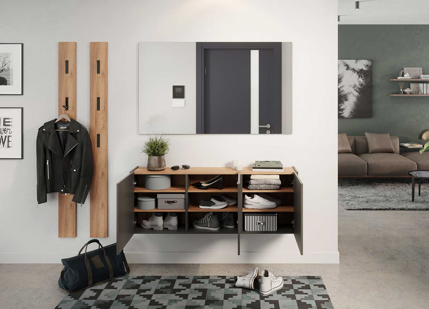 Meuble d'entrée suspendu graphite et chêne Libbiano