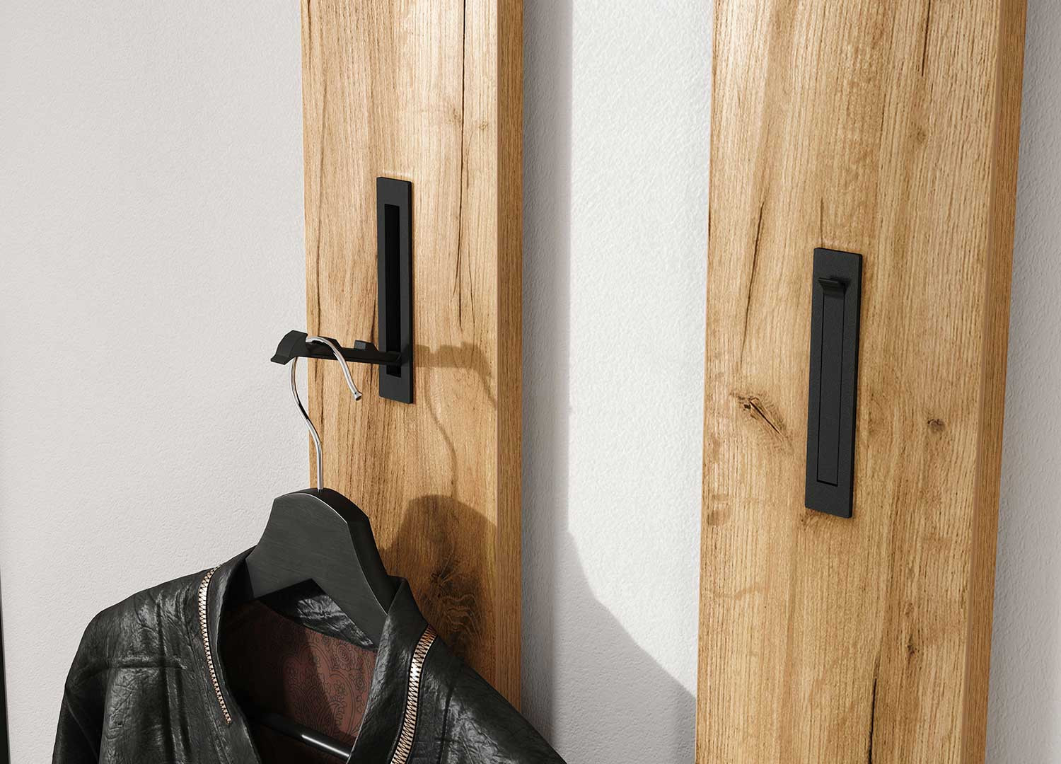 Meuble entrée suspendu vert sauge et chêne avec porte-manteaux