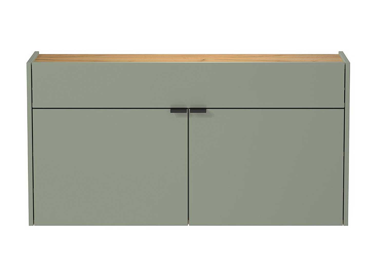 Meuble entrée suspendu vert sauge et chêne avec porte-manteaux