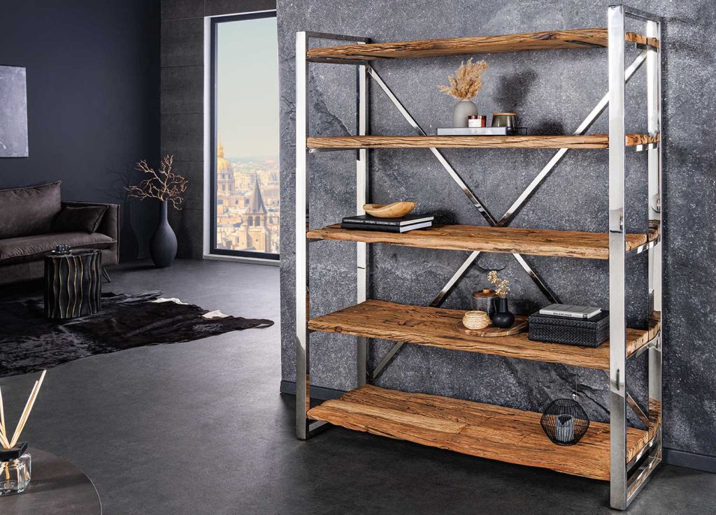 Meuble étagère 183 cm bois de teck et acier chromé