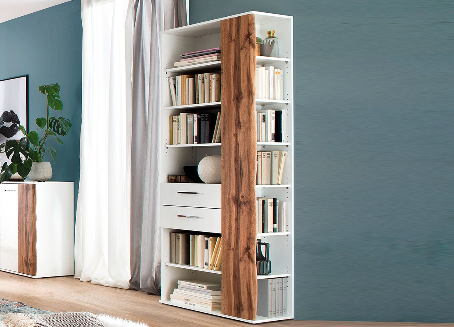 Meuble étagère bibliothèque blanche et bois avec rangements