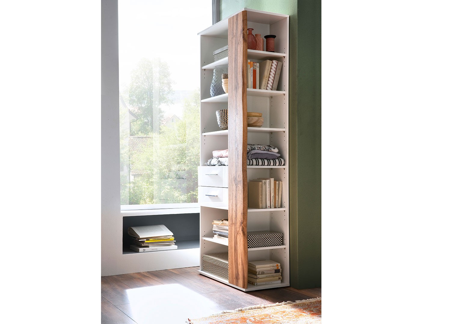 Meuble étagère bibliothèque blanche et bois avec rangements