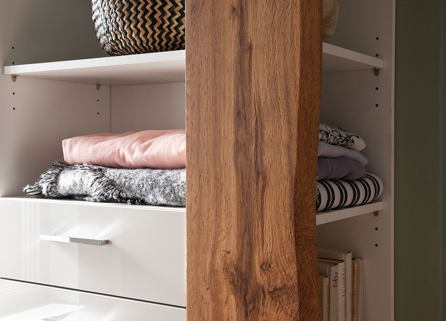 Meuble étagère bibliothèque blanche et bois avec rangements