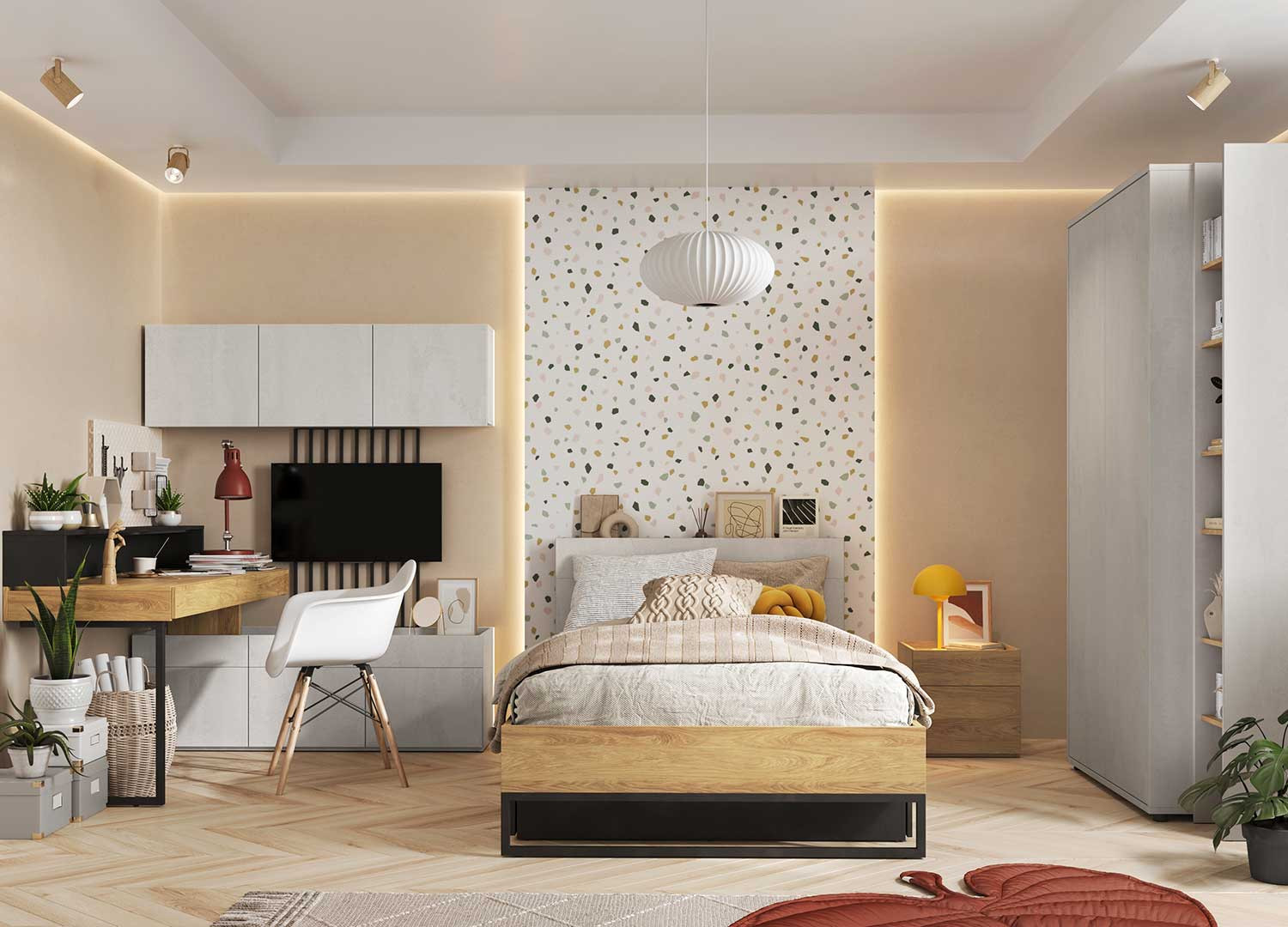 Meuble rangement chambre ado chêne et gris clair
