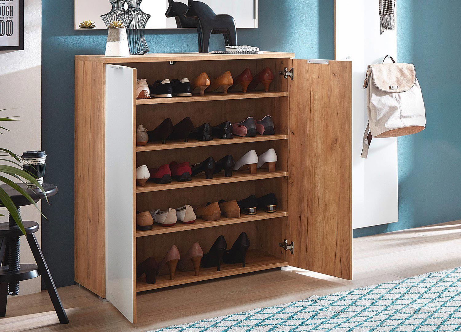 Meuble rangement chaussures bois et verre blanc 20 paires
