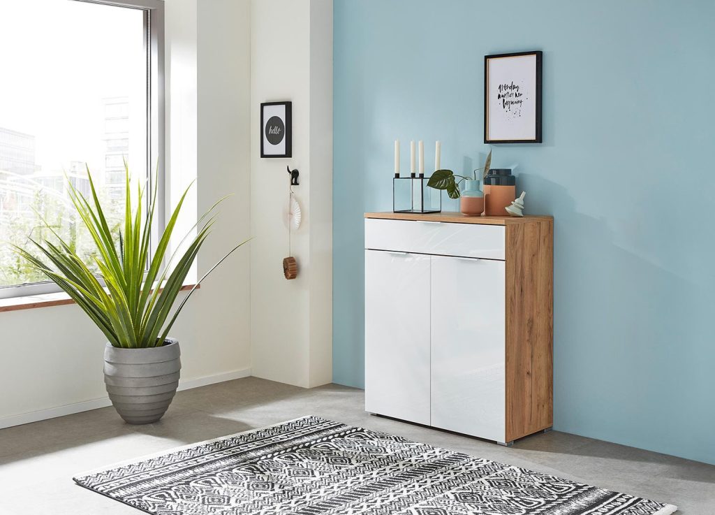 Meuble rangement commode bois et blanc façade en verre