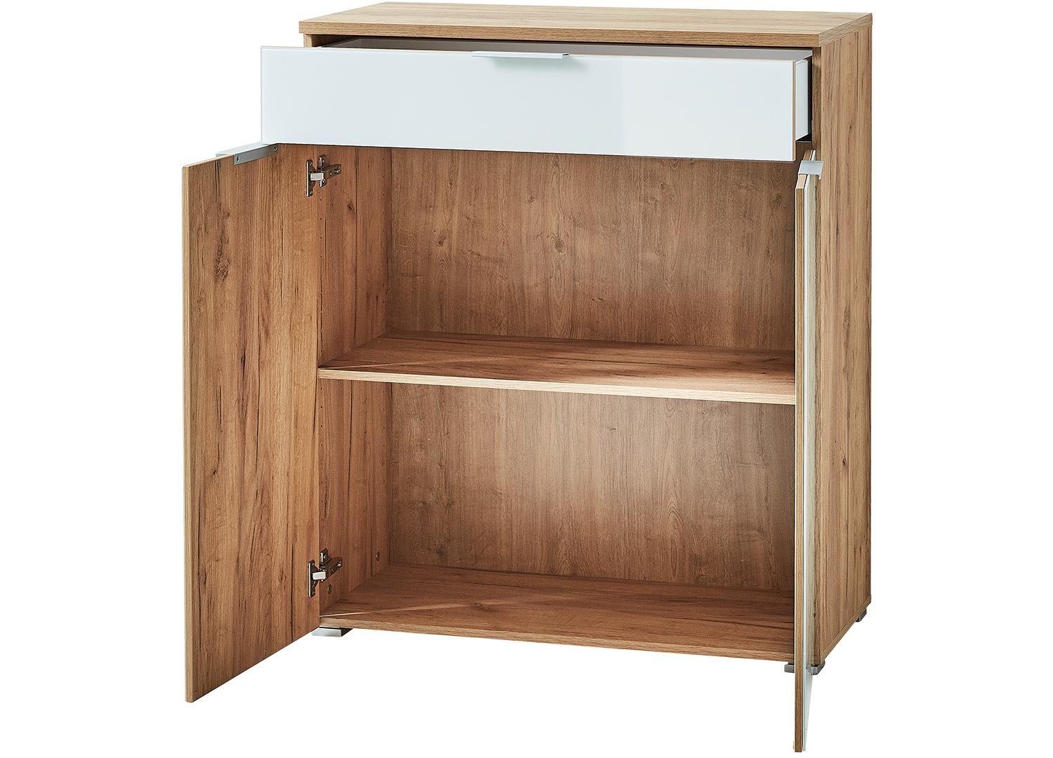 Meuble rangement commode bois et blanc façade en verre