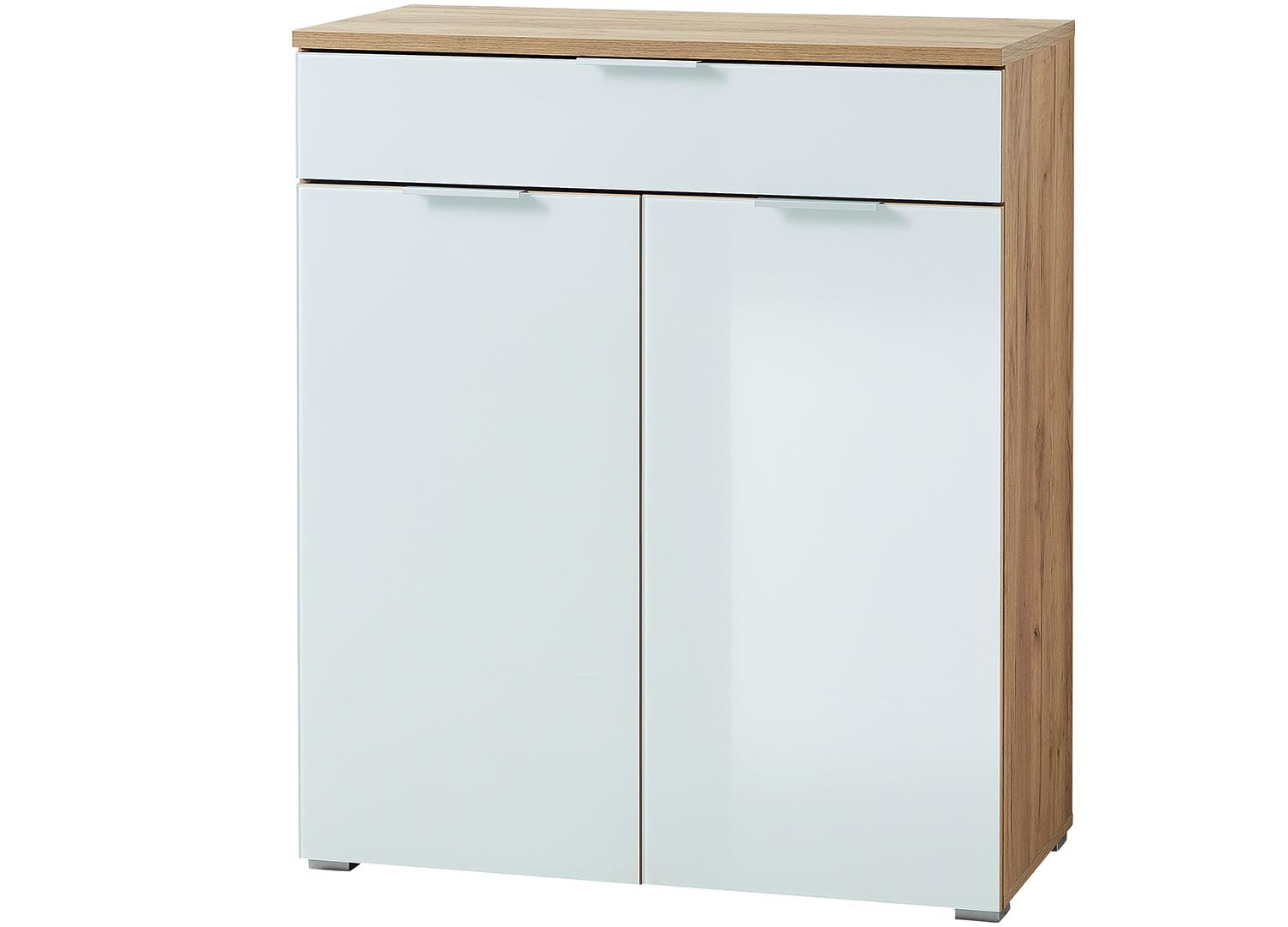 Meuble rangement commode bois et blanc façade en verre