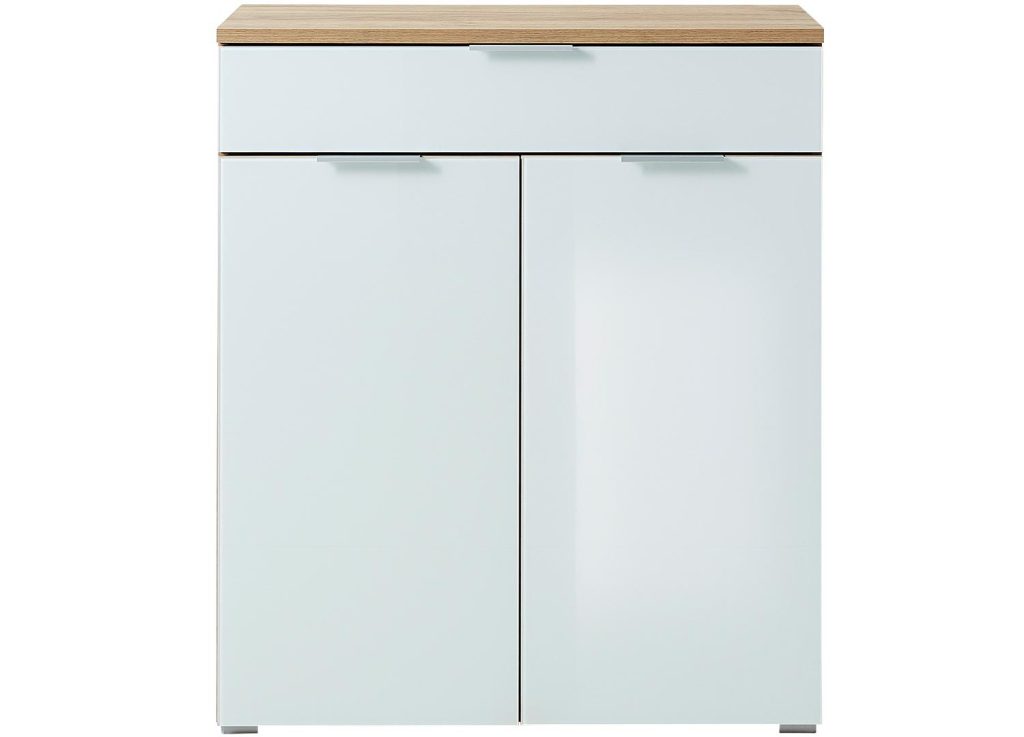 Meuble rangement commode bois et blanc façade en verre