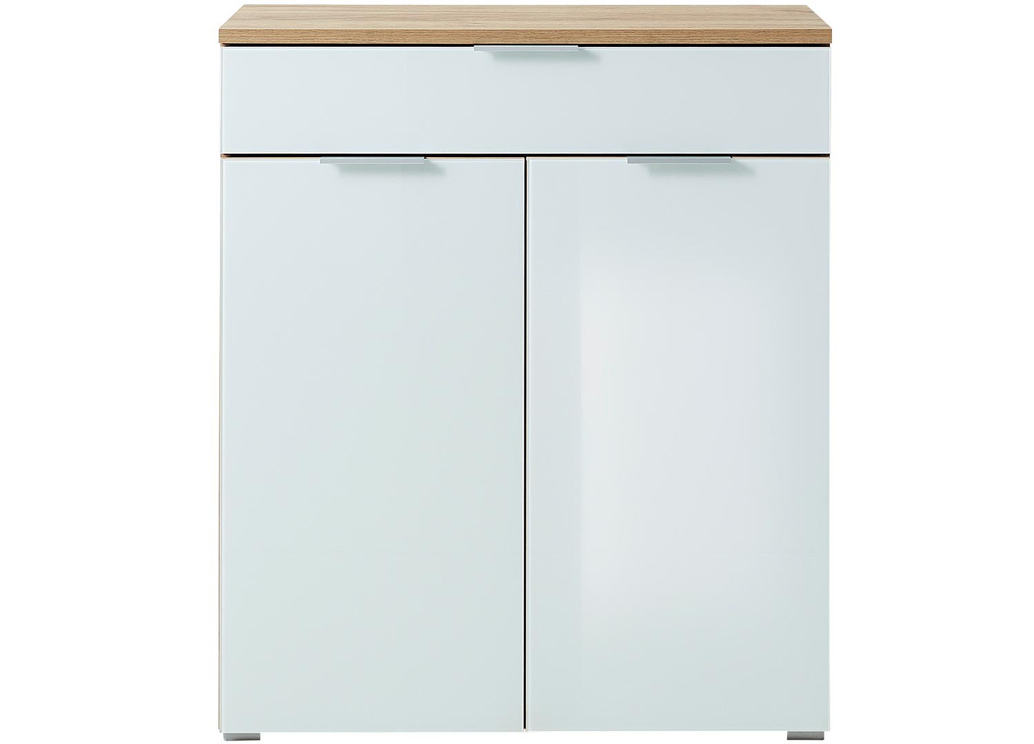 Meuble rangement commode bois et blanc façade en verre