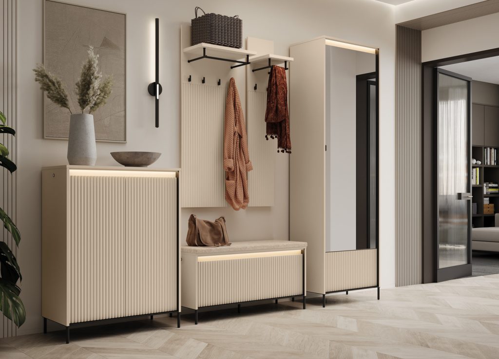 Meuble rangement entrée beige et métal noir Trend