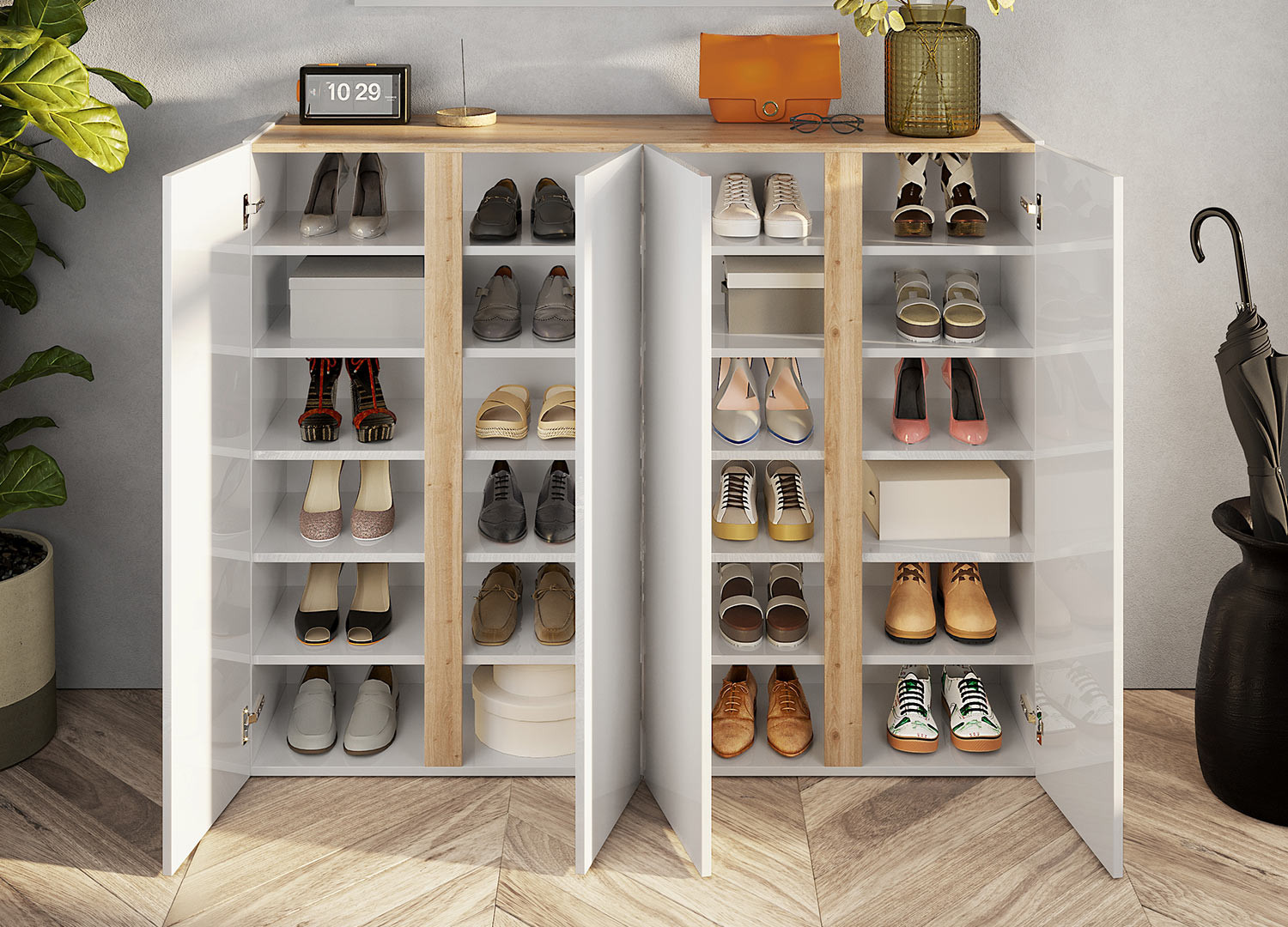 Meuble rangement entrée chaussures blanc laqué brillant et chêne