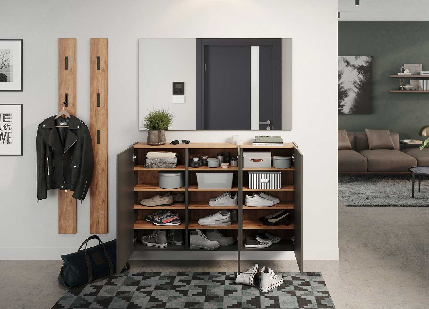 Meuble rangement entrée graphite et chêne Libbiano