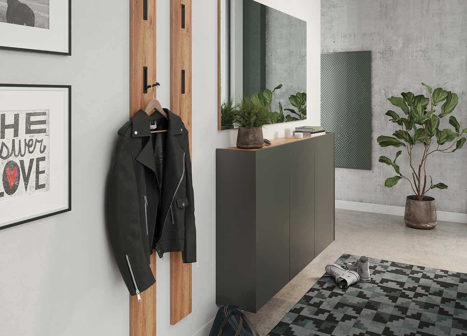 Meuble rangement entrée graphite et chêne Libbiano