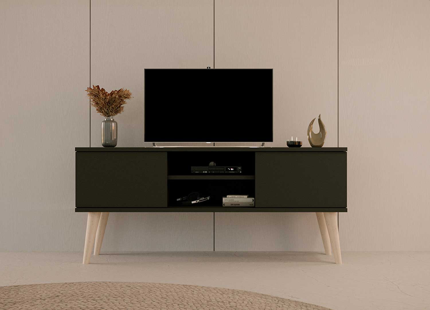 Meuble télé 120 cm 2 portes et 2 niches noir