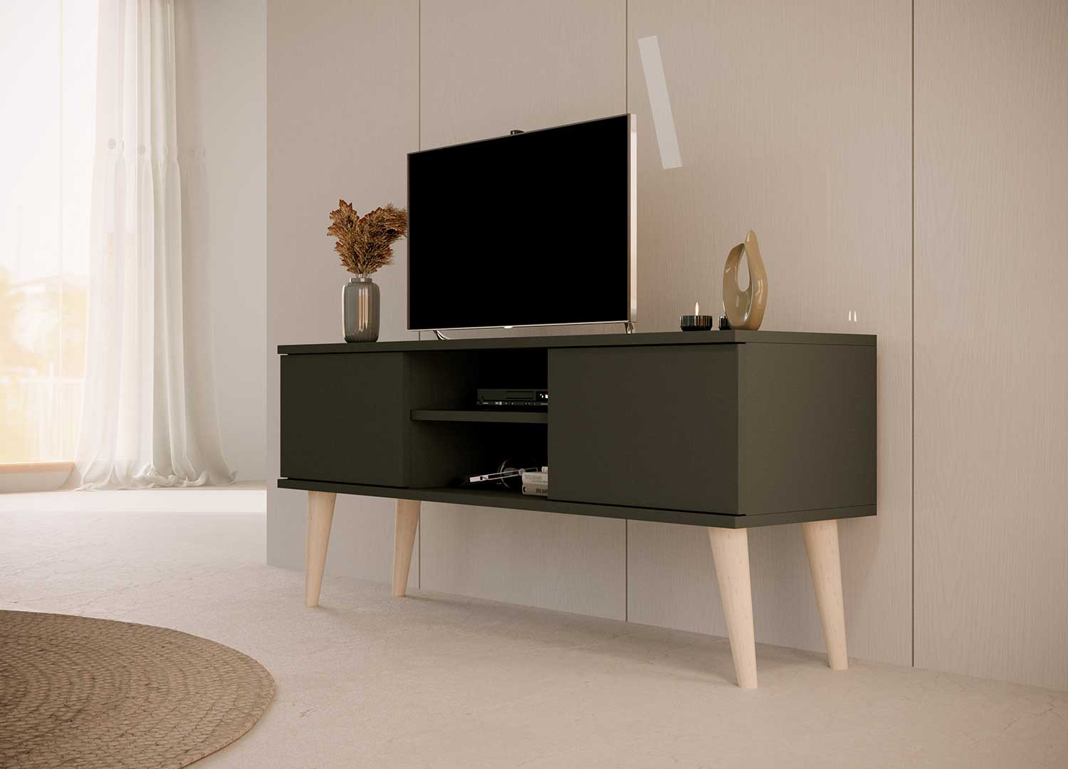 Meuble télé 120 cm 2 portes et 2 niches noir