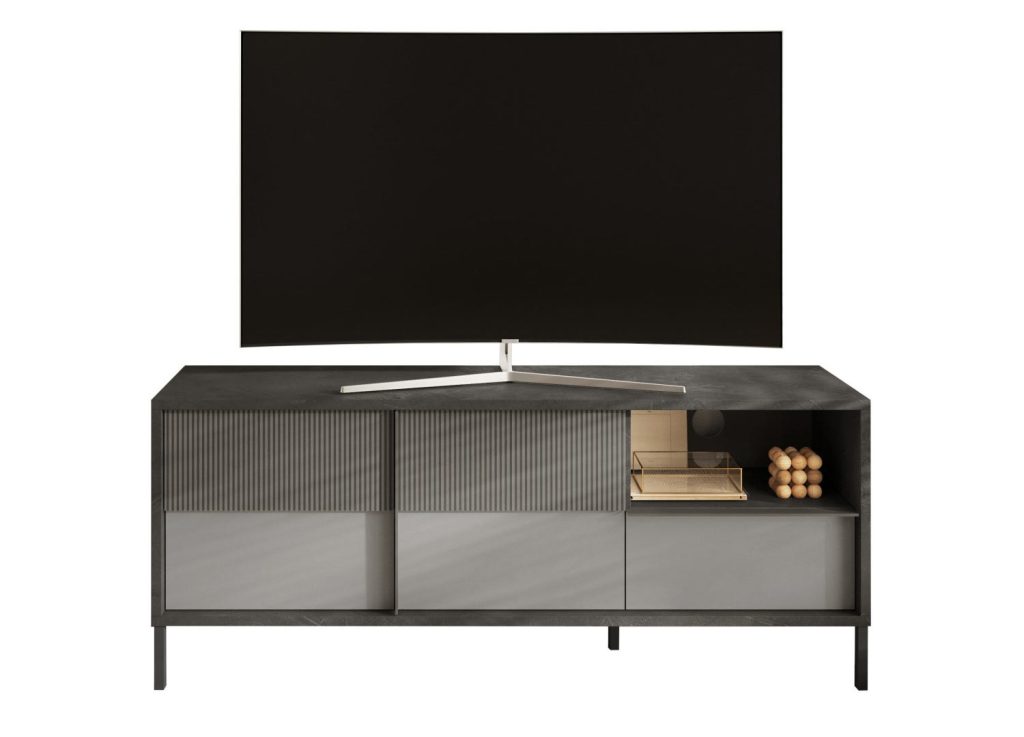 Meuble télé 156 cm 2 portes sérigraphiées et 1 tiroir gris