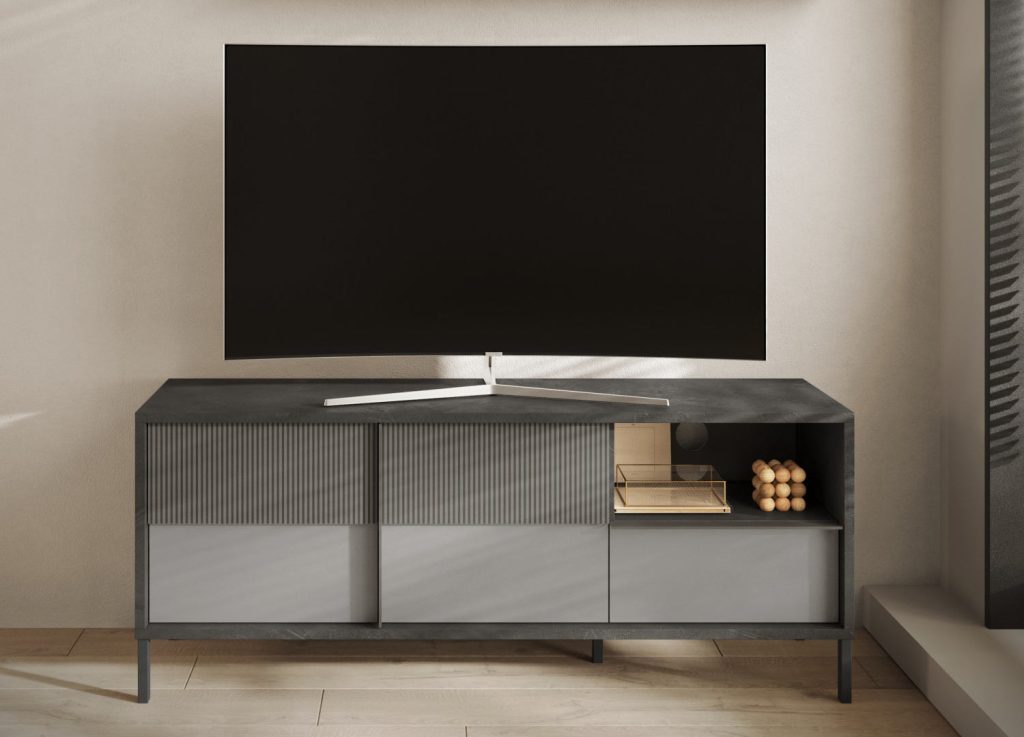 Meuble télé 156 cm 2 portes sérigraphiées et 1 tiroir gris