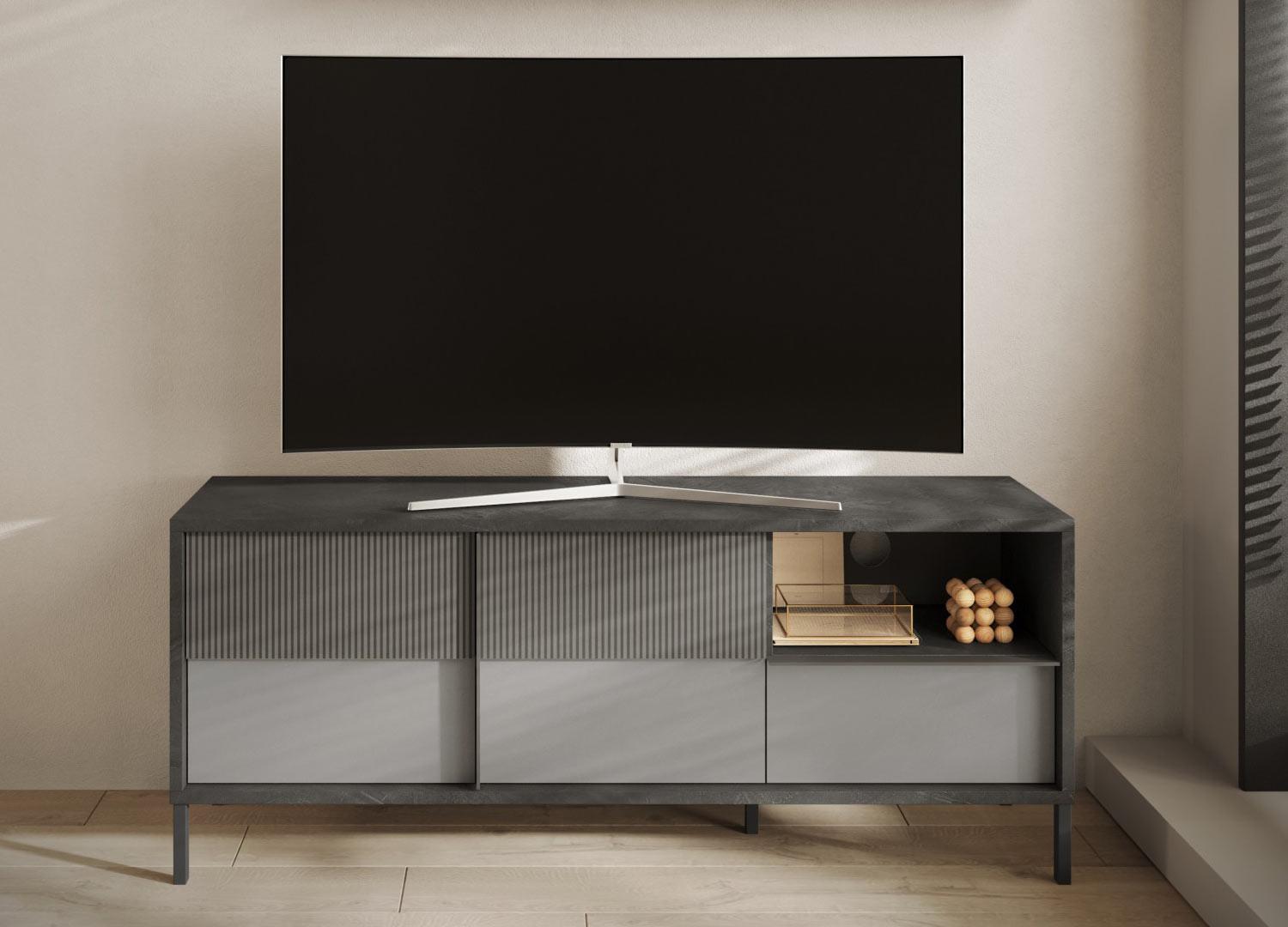 Meuble télé 156 cm 2 portes sérigraphiées et 1 tiroir gris