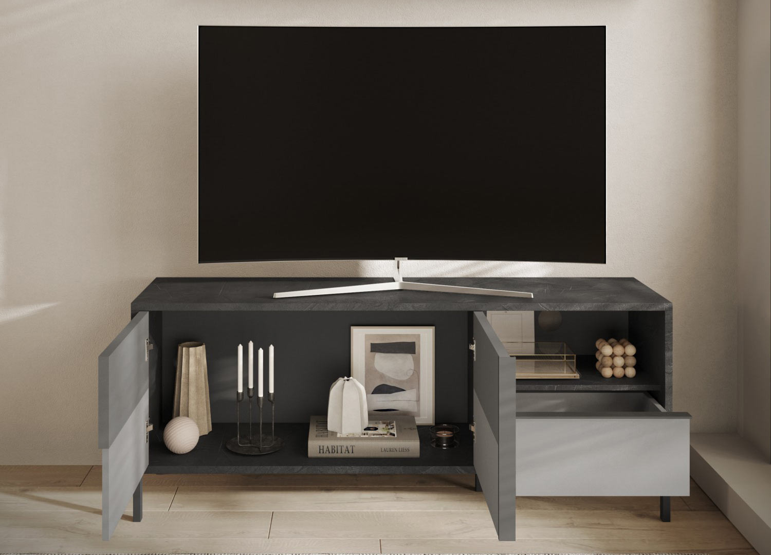 Meuble télé 156 cm 2 portes sérigraphiées et 1 tiroir gris