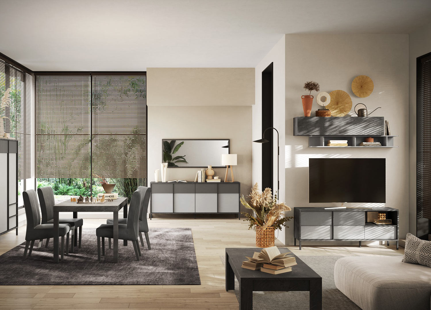 Meuble télé 156 cm 2 portes sérigraphiées et 1 tiroir gris