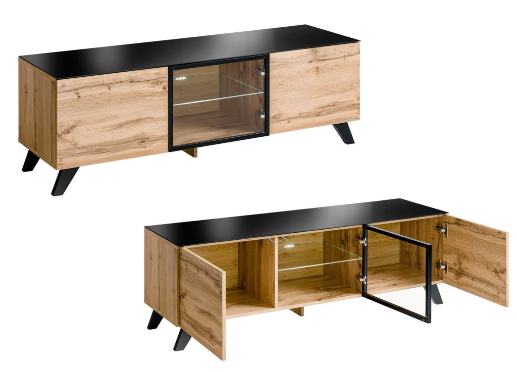 Meuble Télé Bas en Bois et Verre avec Led
