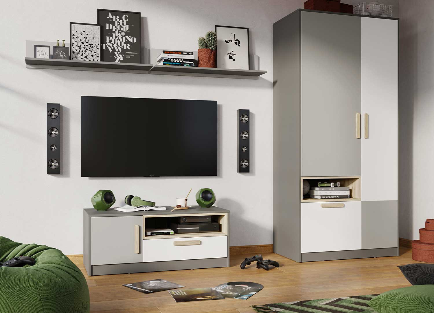 Meuble télé chambre enfant gris et blanc