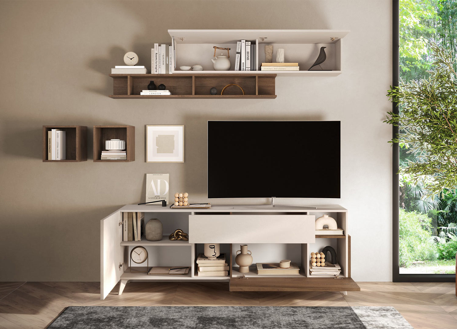 Meuble télé contemporain 181 cm cashmere et chêne foncé