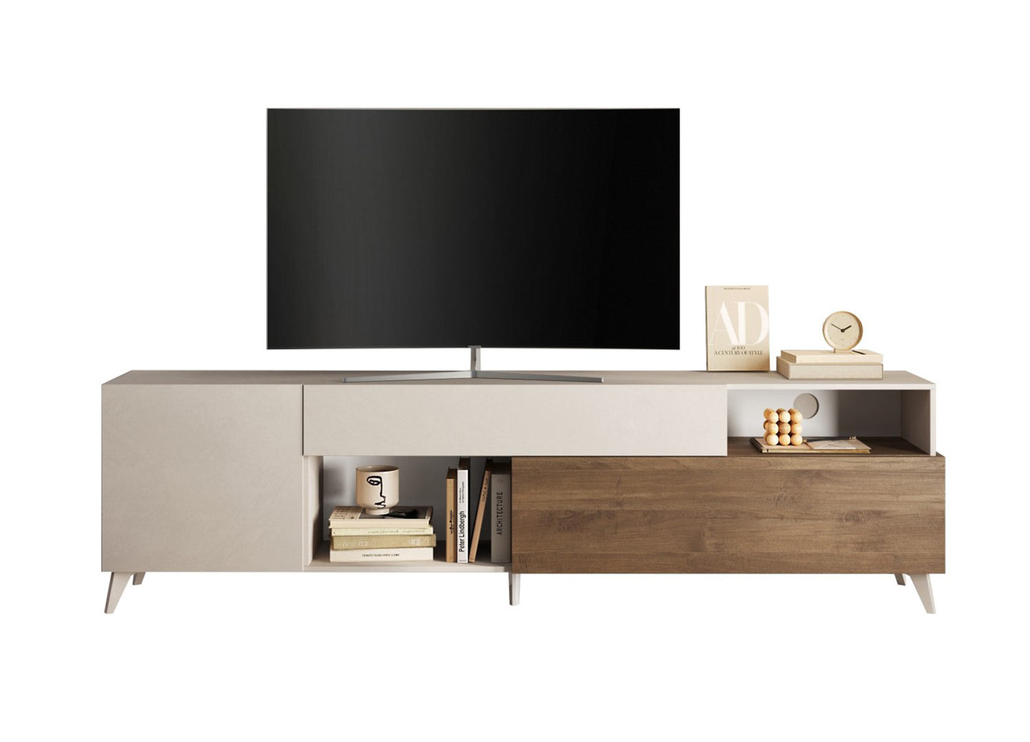 Meuble télé contemporain 2m41 cashmere et chêne foncé