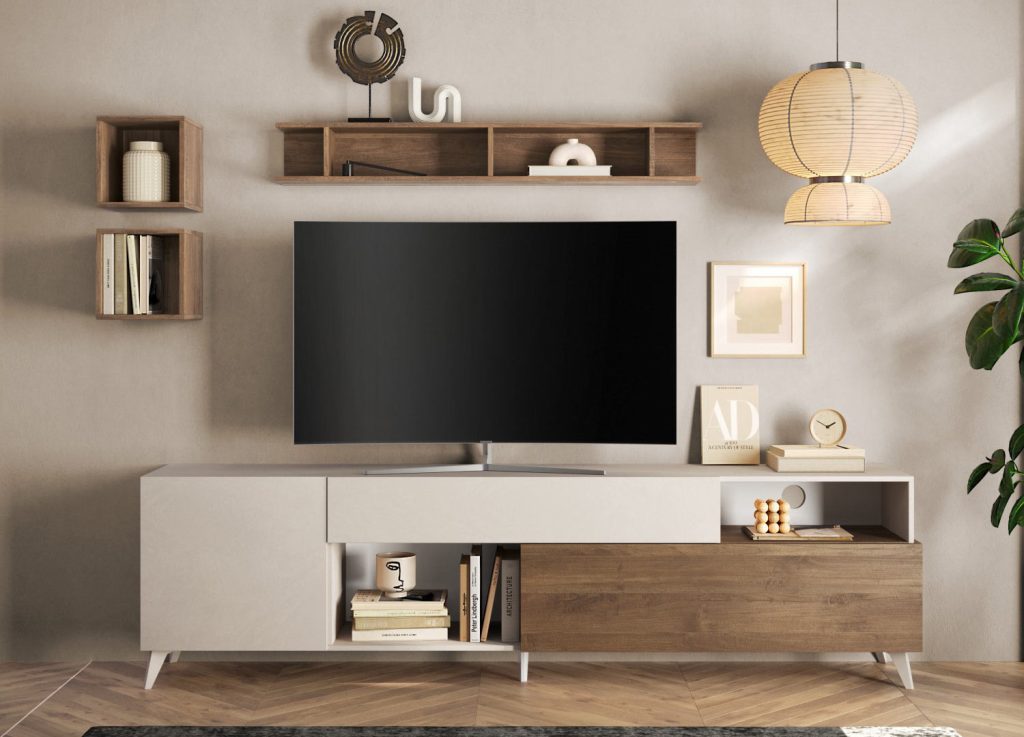 Meuble télé contemporain 2m41 cashmere et chêne foncé