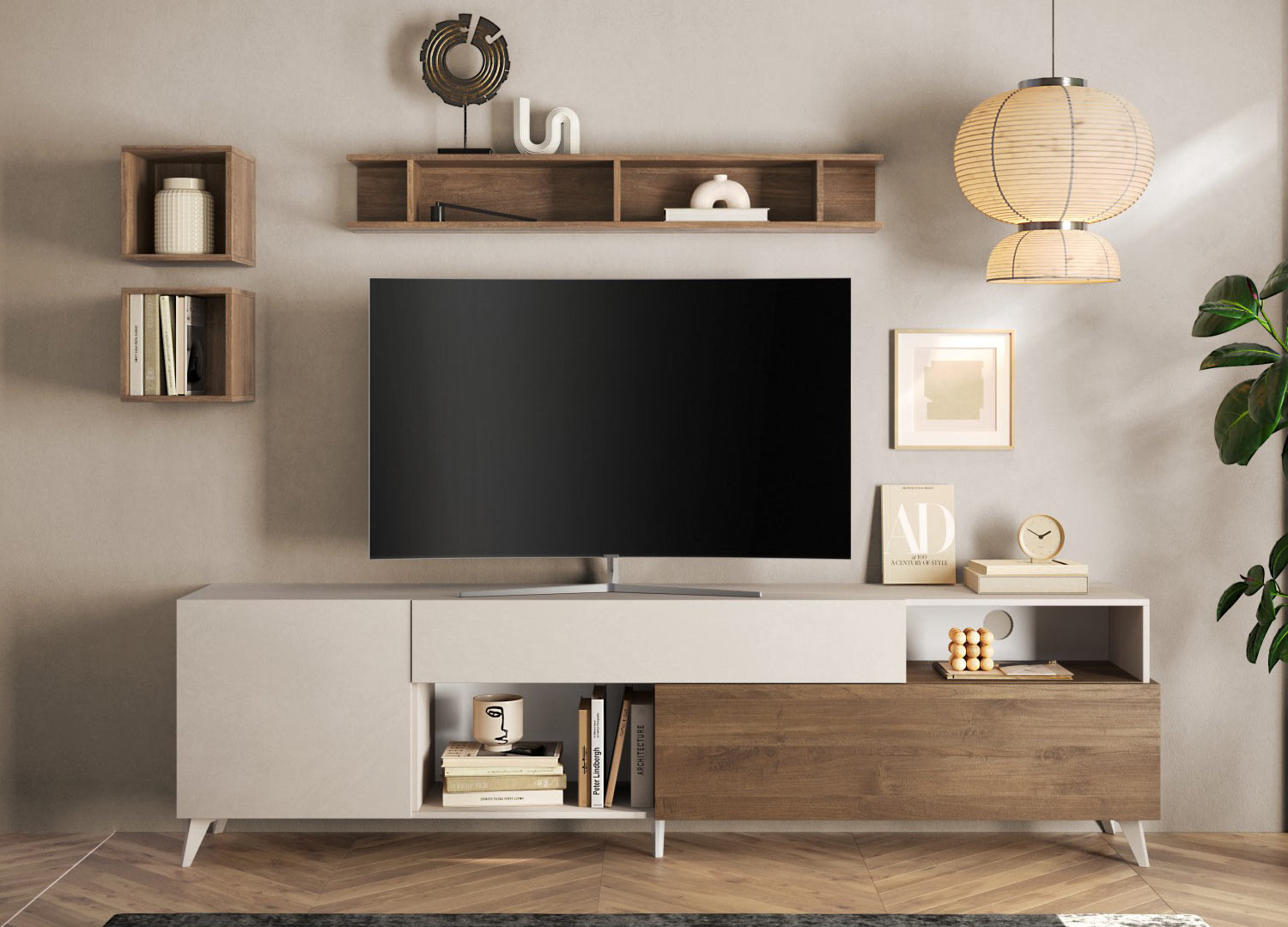 Meuble télé contemporain 2m41 cashmere et chêne foncé