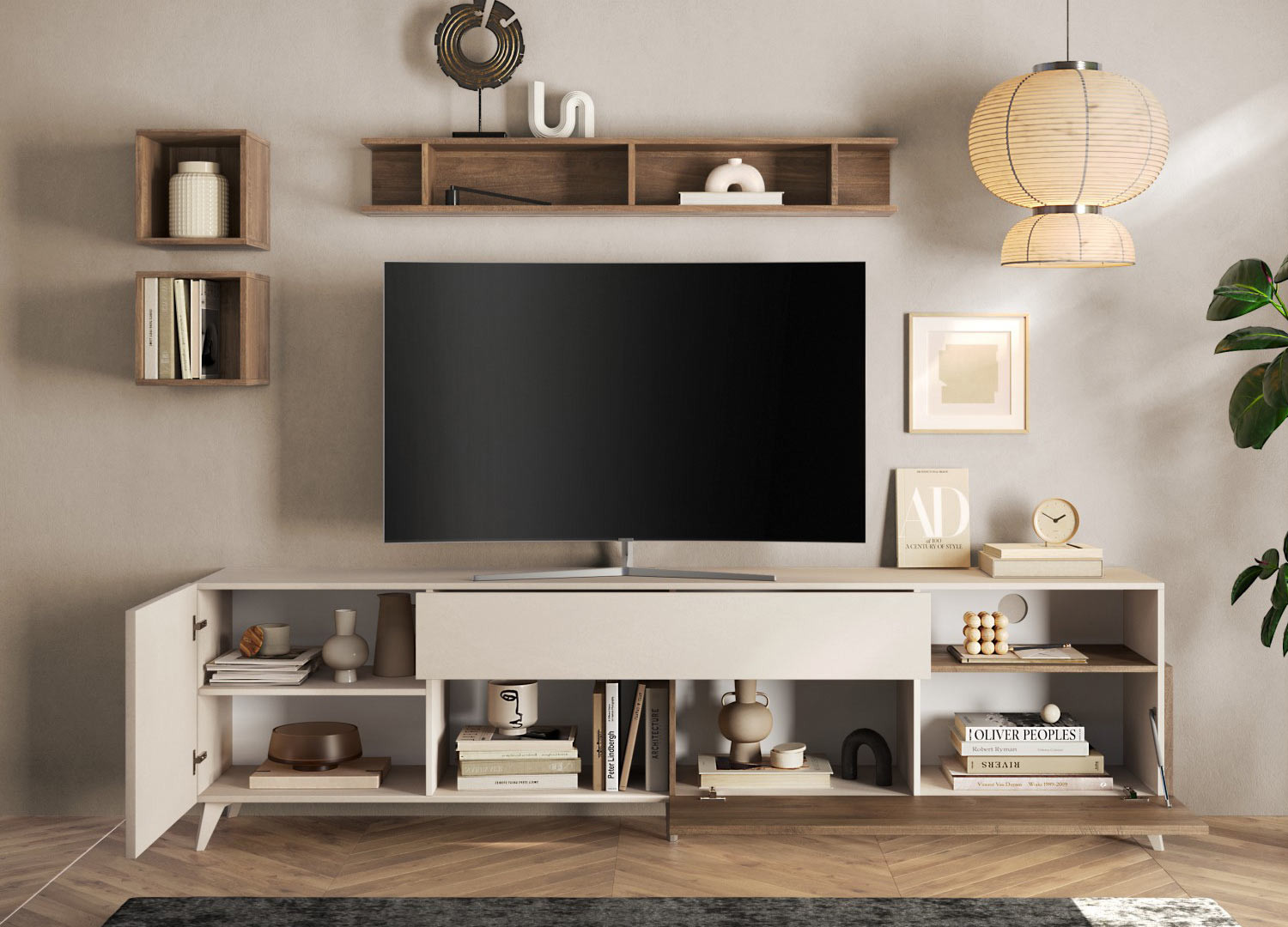 Meuble télé contemporain 2m41 cashmere et chêne foncé