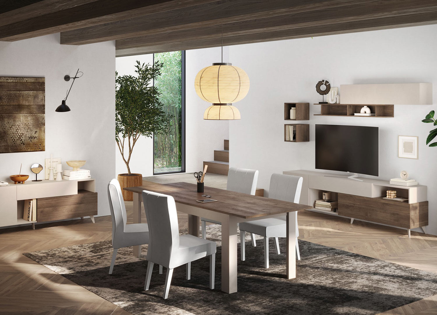 Meuble télé contemporain 2m41 cashmere et chêne foncé