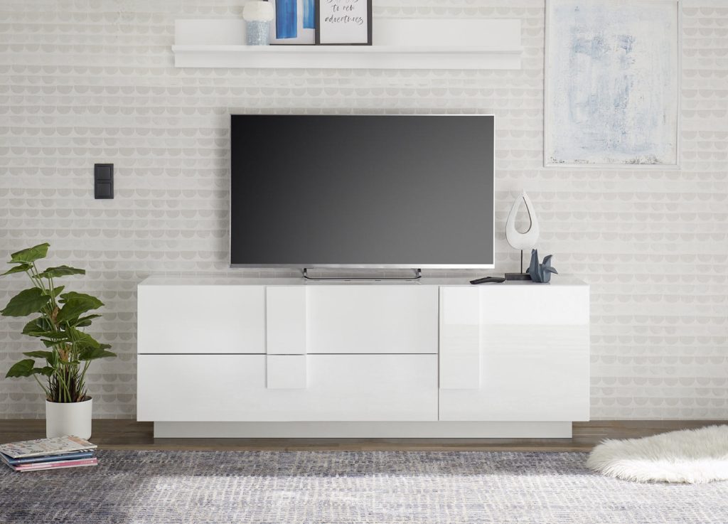Meuble télé design 1 porte et 2 tiroirs blanc laqué 181 cm