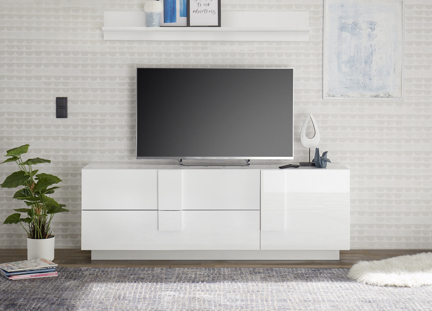 Meuble télé design 1 porte et 2 tiroirs blanc laqué 181 cm