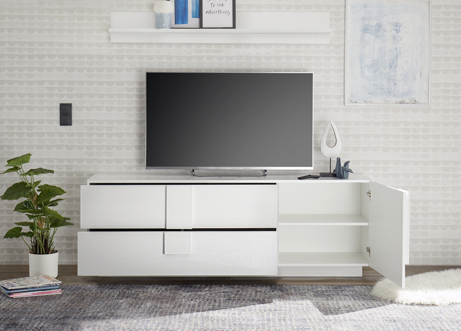 Meuble télé design 1 porte et 2 tiroirs blanc laqué 181 cm