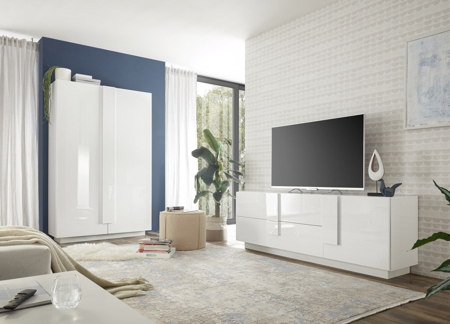 Meuble télé design 1 porte et 2 tiroirs blanc laqué 181 cm