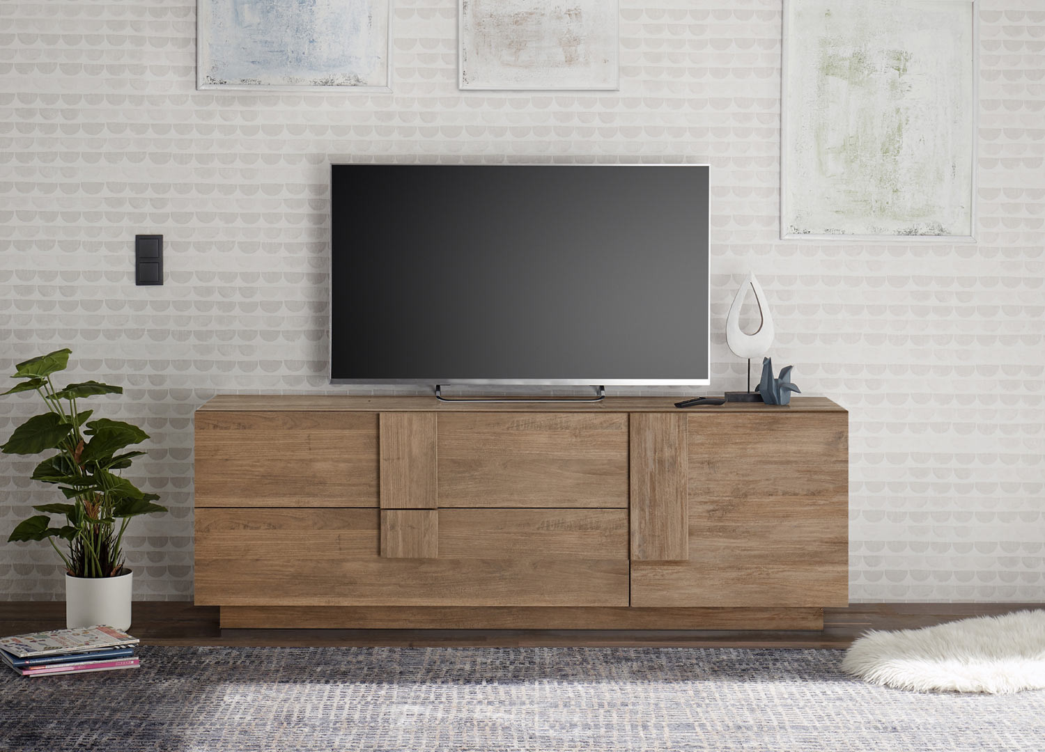 Meuble télé design 1 porte et 2 tiroirs chêne 181 cm