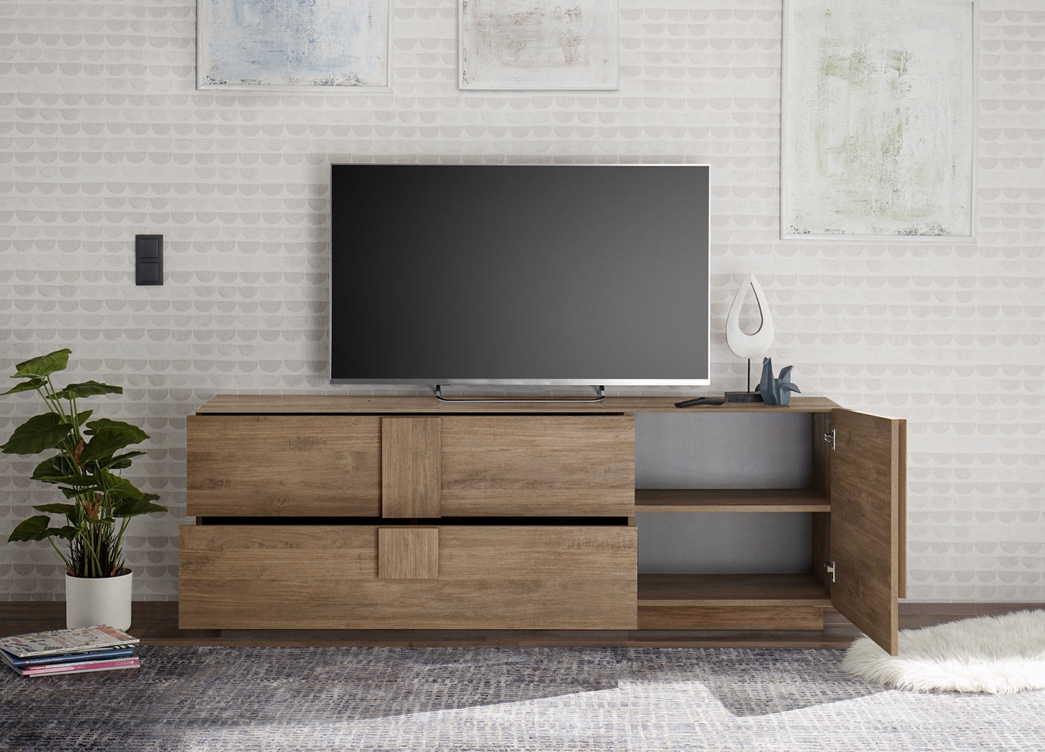 Meuble télé design 1 porte et 2 tiroirs chêne 181 cm