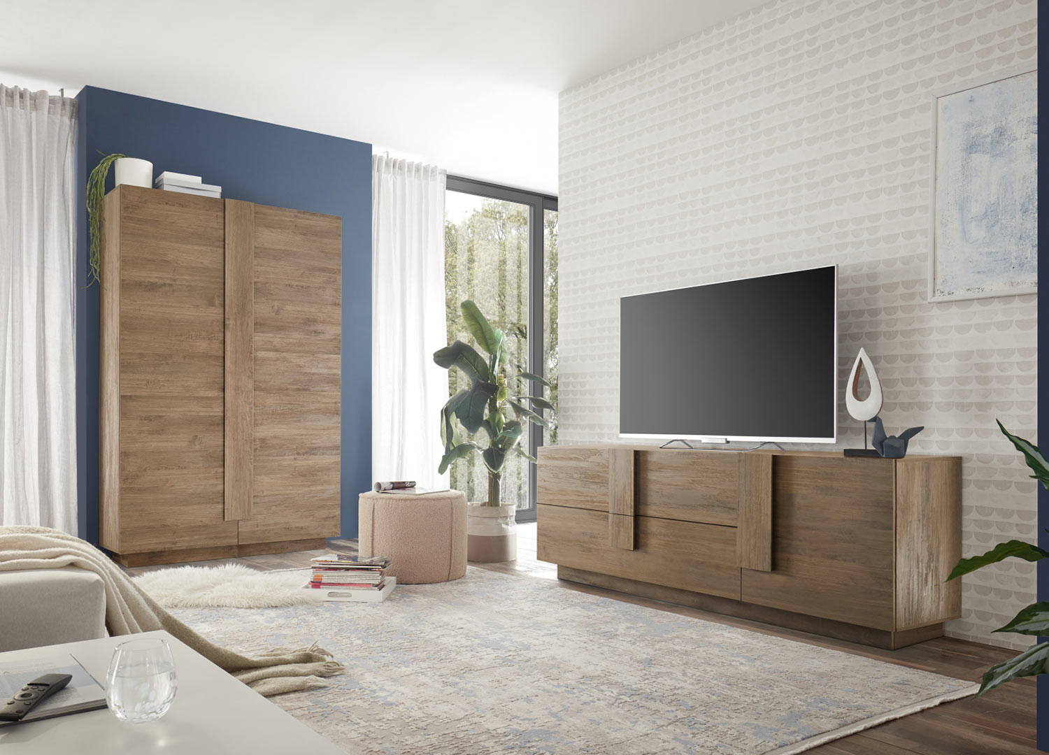 Meuble télé design 1 porte et 2 tiroirs chêne 181 cm