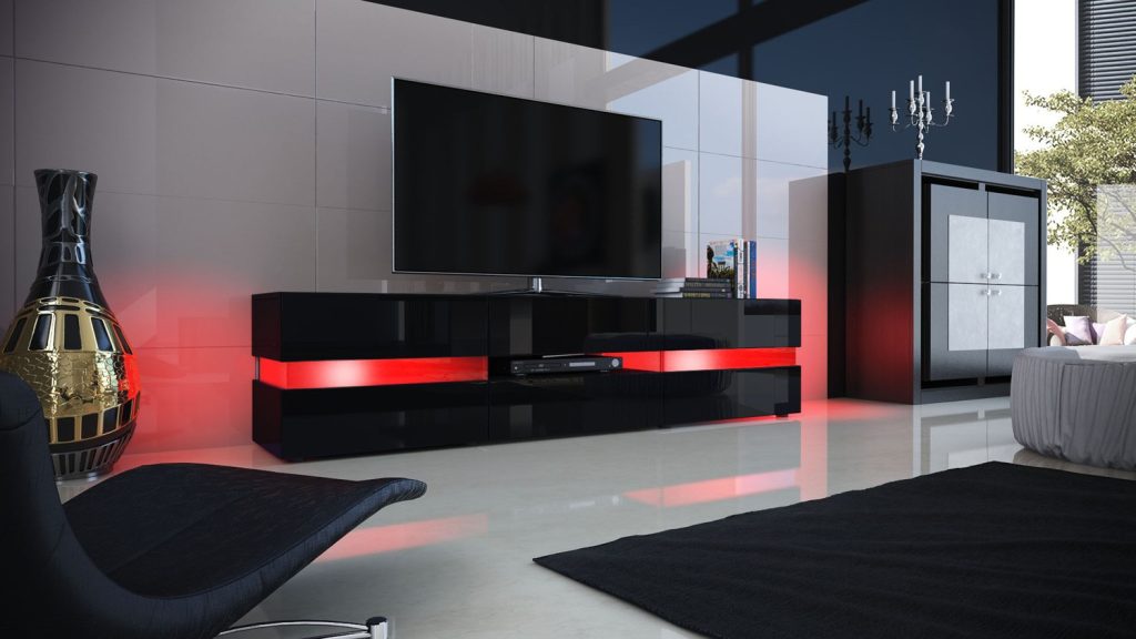 Meuble télé hifi lumineux laqué noir 3 portes 1 tiroir