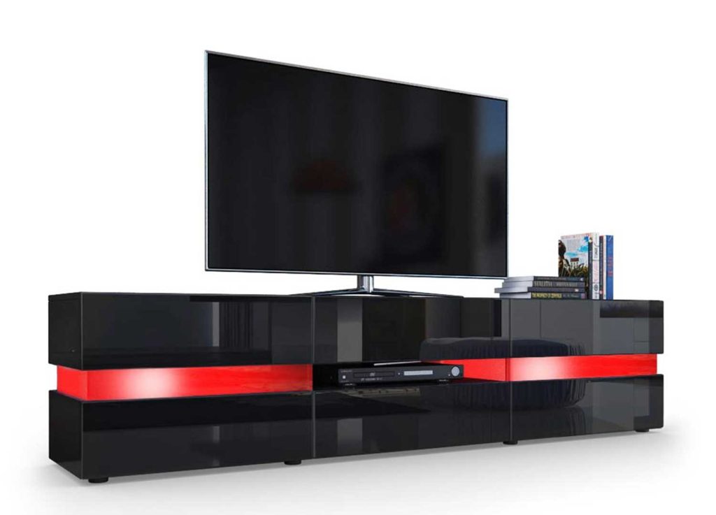 Meuble télé hifi lumineux laqué noir 3 portes 1 tiroir
