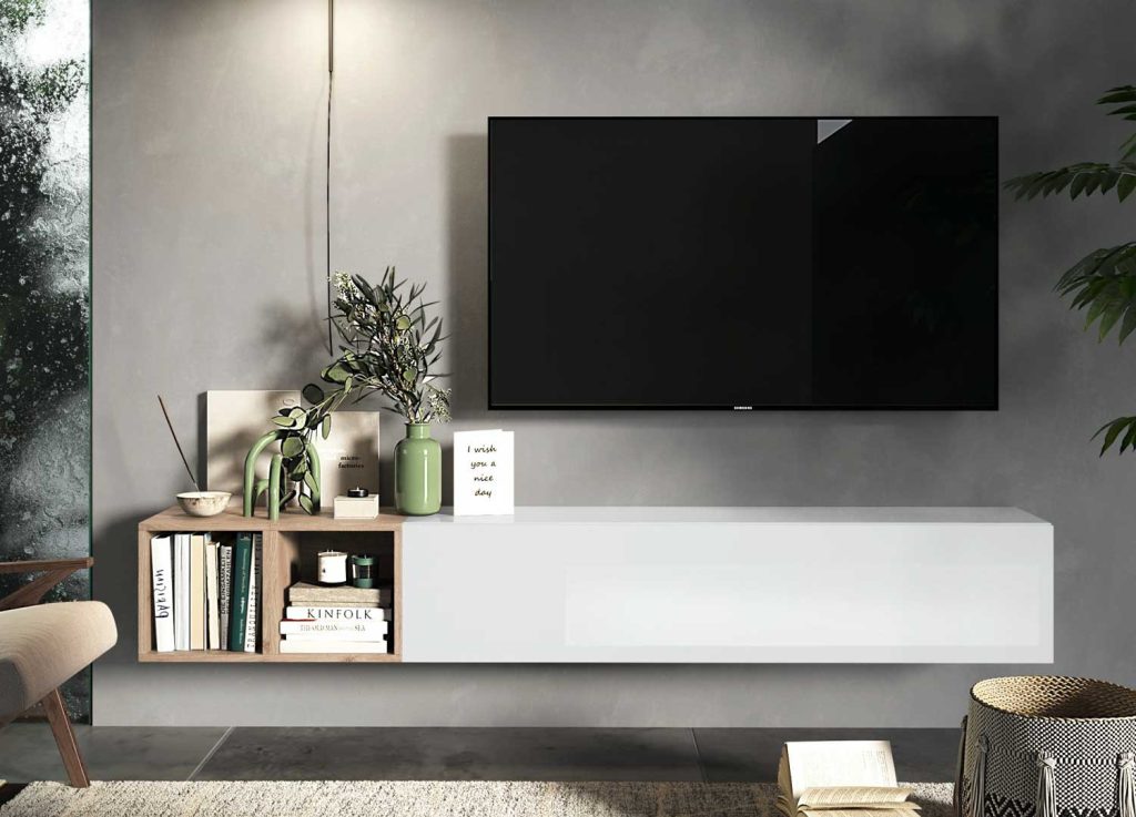 Meuble télé suspendu 1 porte 2 niches 194 cm