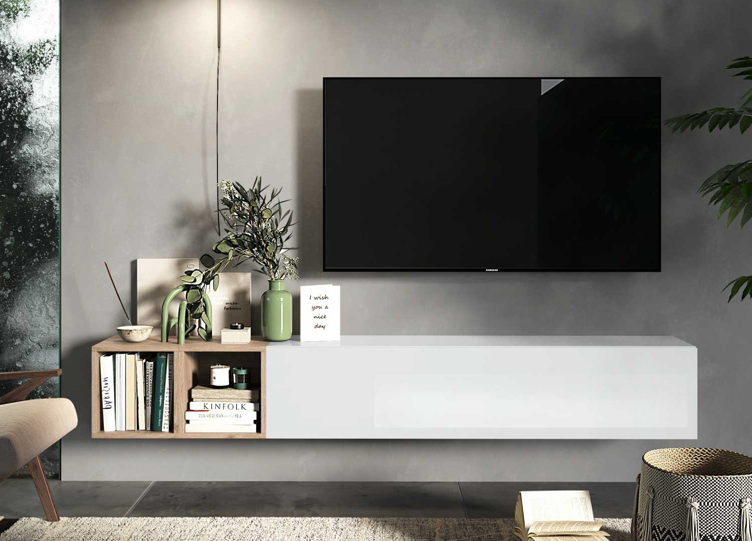 Meuble télé suspendu 1 porte 2 niches 194 cm