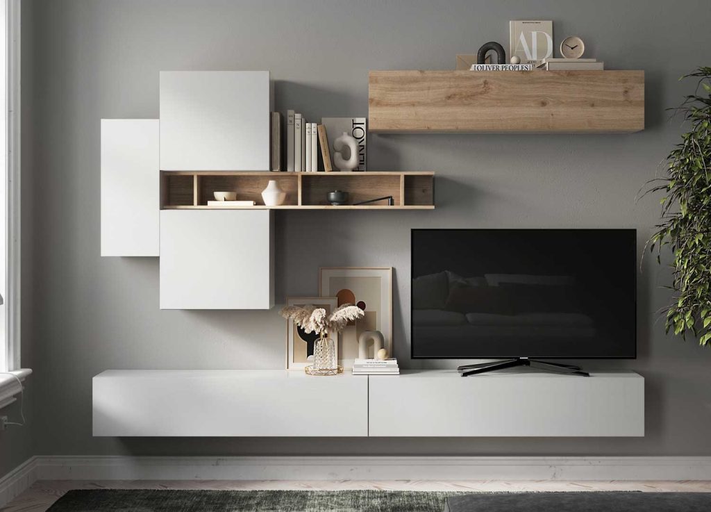 Meuble télé suspendu moderne blanc et bois