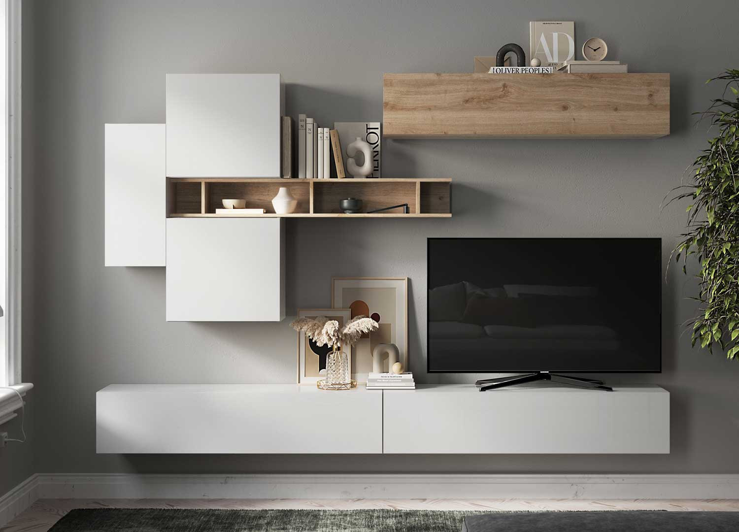 Meuble télé suspendu moderne blanc et bois