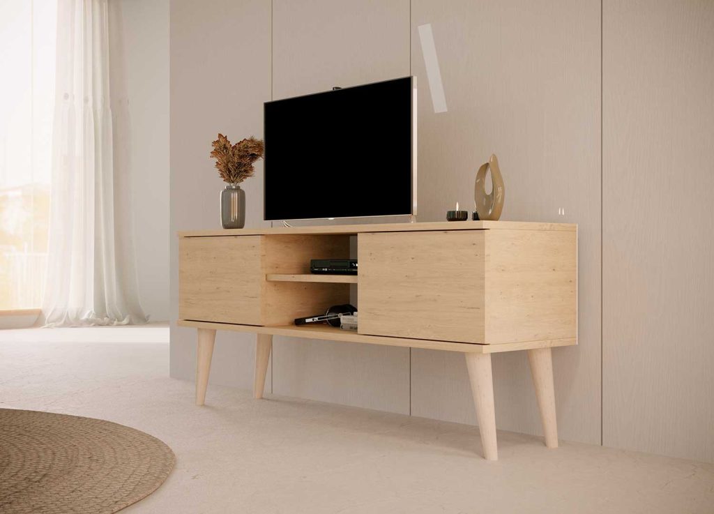 Meuble tv 120 cm 2 portes et 2 niches chêne artisan